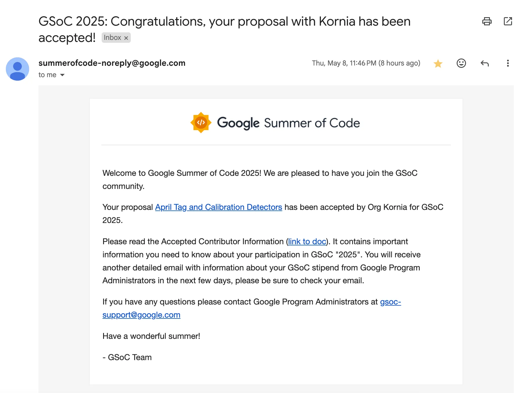 GSOC Acceptance Email